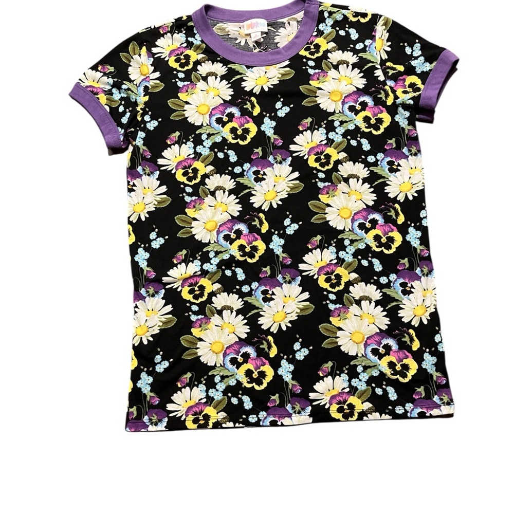 LuLaRoe Black Floral Short Sleeve Tee with Purple Trim